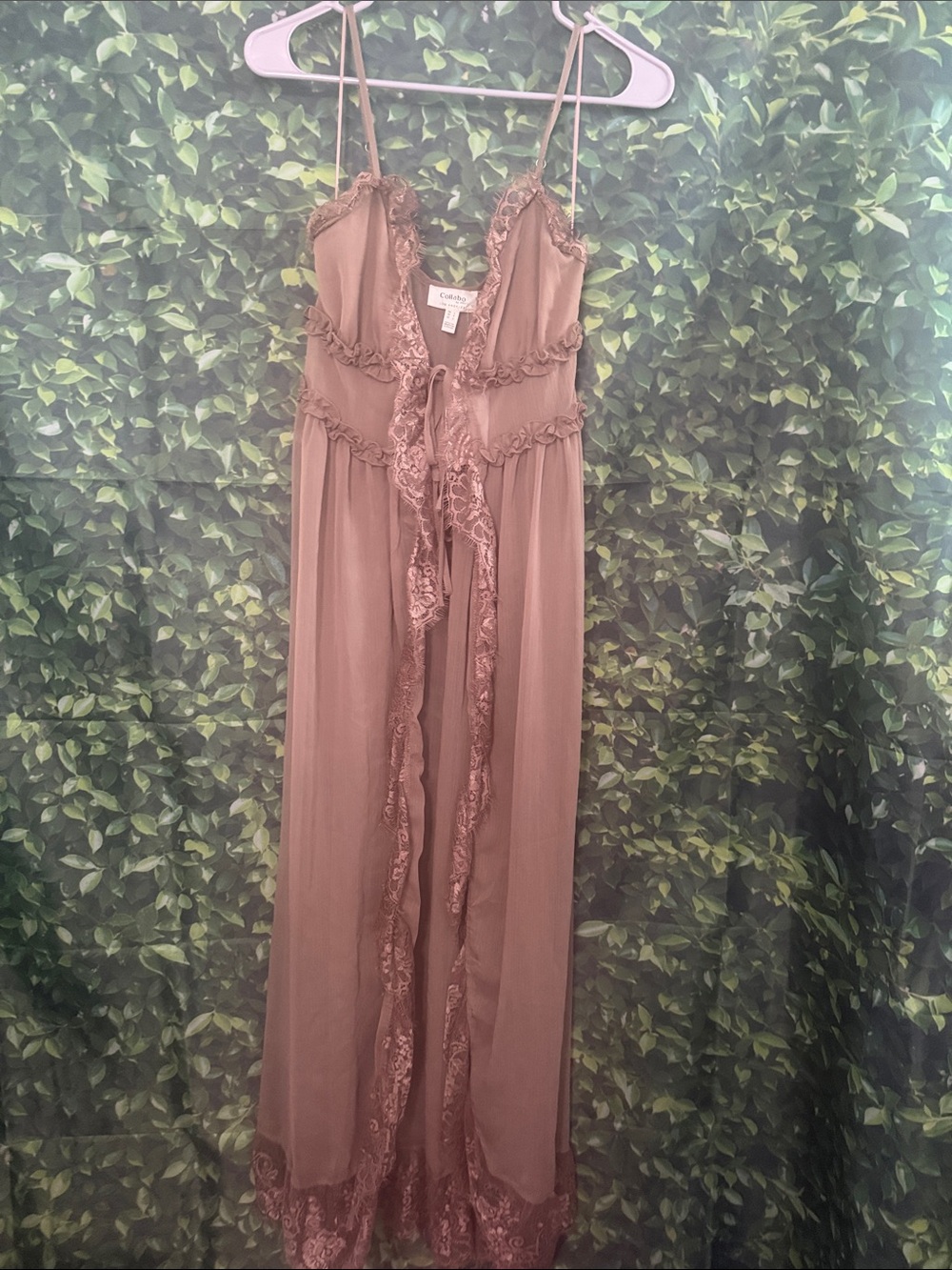 Privo Sheer Lace-Trim Long Slip  - Brown